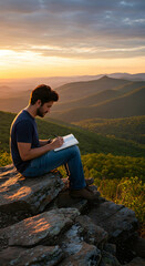 Naklejka premium Man writing in journal at sunset overlooking mountains peaceful serene inspiration travel nature landscape scenery view