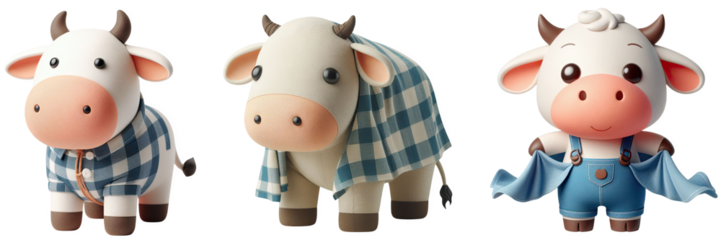 Three cartoon cow figures wearing different outfits standing side by side on black background