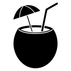 Exotic Coconut Beverage Vector with Umbrella and Straw in Graphic Art Style Ideal for Tropical Vacation Themes