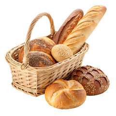  various types of bread in a wicker bascket isolaten on background white
