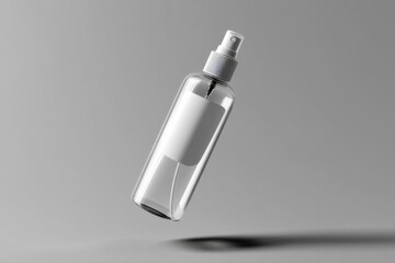 Clear spray bottle suspended in mid-air with minimalistic design against a neutral background