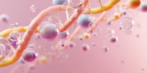 Exploration of microscopic structures showcasing colorful bubbles and DNA strands in a vibrant background
