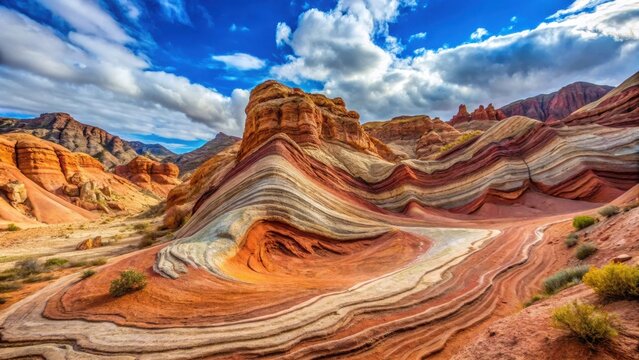 Vibrant rock formation with swirling patterns in Quebrada de Cafayate, outdoor scenery , unique formations