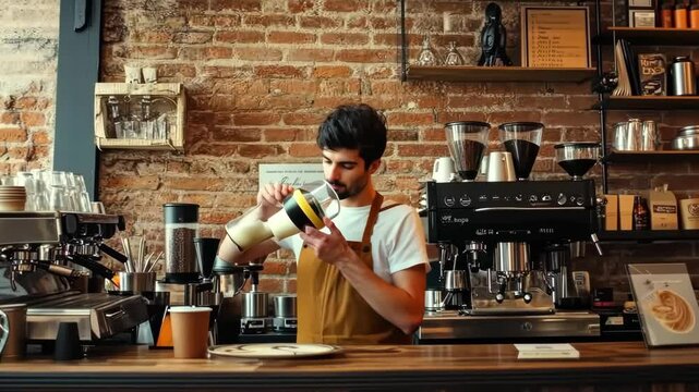 Barista perfecting latte art: masterful coffee craft in action