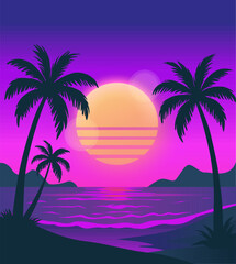 Abstract Neon purple palm beach night palm Retro futuristic  landscape with sea background of glowy sunset and palms silhouette. Hot summer, party, disco, banner, evening in beach. Vector illustration