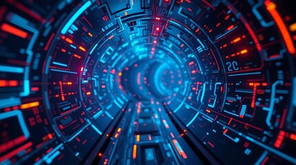 Fototapeta premium A tight close-up shot of a hyper-detailed 3D rendering of a dark, atmospheric cybernetic tunnel with glowing blue data streams, emphasizing warm reds, oranges, and yellows with a detailed focus