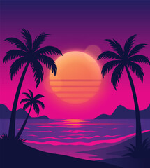 Abstract Neon purple palm beach night palm Retro futuristic  landscape with sea background of glowy sunset and palms silhouette. Hot summer, party, disco, banner, evening in beach. Vector illustration
