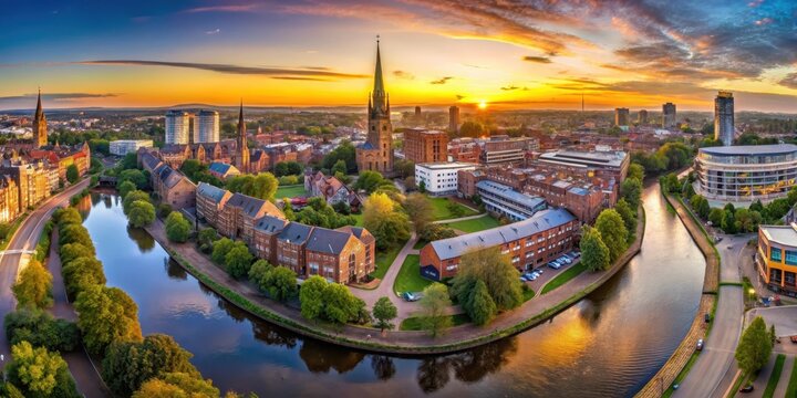 Panoramic aerial view of Coventry cityscape at sunset over the River Sherbourne and surrounding buildings, architecture, aerial photography