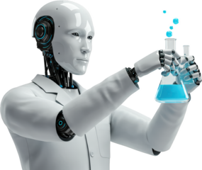 Advanced Robot Scientist Conducting Experiment with Blue Liquid in Lab