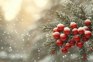 Snowy pine branch with red berries against blurred lights and snowflakes. For greeting cards, winter holiday projects, and Christmas season design.