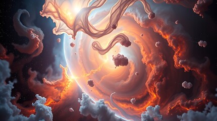 A vast cosmic nebula, swirling gaseous formations illuminated by stars, in extreme macro close-up, ultra-HD rendering with volumetric lighting, small subject detail, electric vivid colors