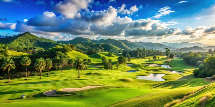 Rolling hills and verdant landscape of a well-manicured golf course set against a clear blue sky with white fluffy clouds , golf club, Thai countryside
