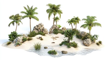 Fototapeta premium Group of isolated palm-covered islands with small sandy beaches on white background.