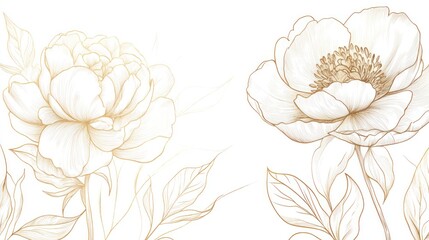 Elegant gold line art peonies, white background, floral design, wedding invitation