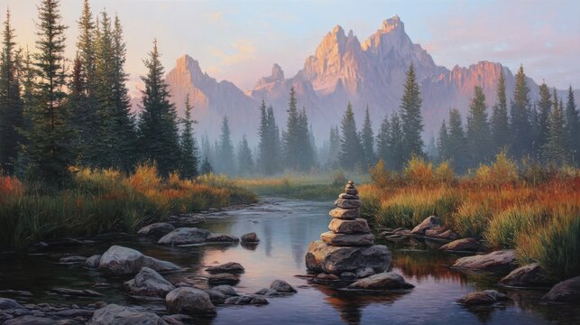 A tranquil mountain landscape with a river, pine trees, and a cairn of stacked stones at sunrise.