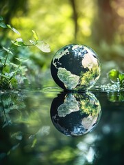 Earth reflected in a tranquil pool of water, surrounded by lush greenery