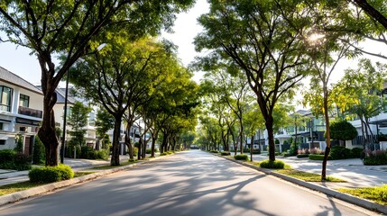 Obraz premium Residential street lined with lush trees and houses in the morning light.