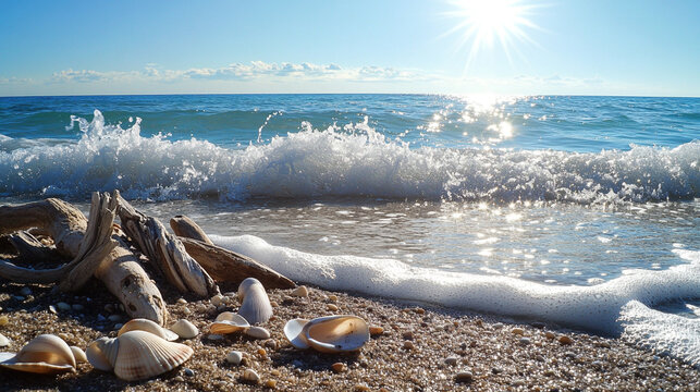 Shimmering ocean waves rolling gently onto the beach, seashells and driftwood scattered on the shore, bright midday sun illuminating the scene, refreshing coastal summer energy,
