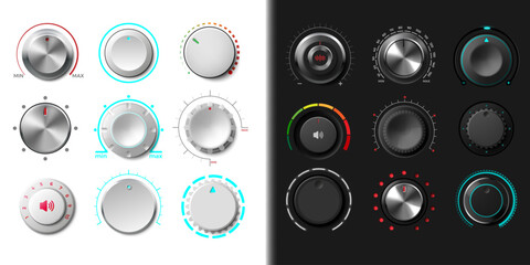 Volume dial. Knob button. Round radio switch regulator for music recorder. UI level turn controller. Radial sound scale. Audio panel tumbler. Console dashboard. Vector isolated set © SpicyTruffel