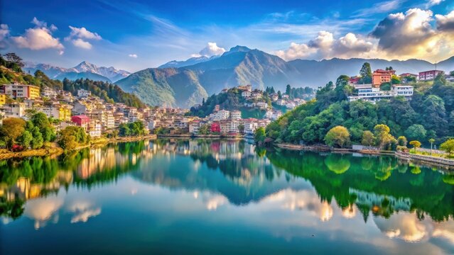 Panoramic view of Gangtok town with Himalayan mountains in the background and a serene lake near the scenic M G Road , m g road, Himalayas