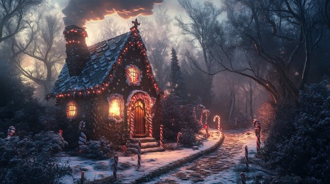 Magical Christmas cottage nestled in a snowy forest.