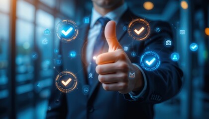 Professional Thumbs Up with Digital Tick Symbols. Modern Concept of Success, Reliability, and Quality Approval in Business