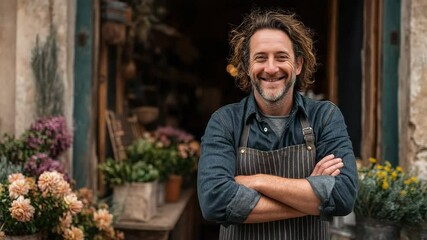 A confident male stands happily outside his little flower store, ideal for concepts of small business