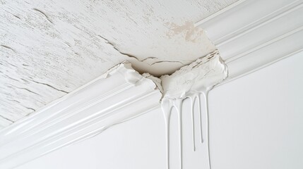 A cracked, peeling, off-white textured plaster ceiling with water damage, showing drips hanging from the edge of a white painted molding.