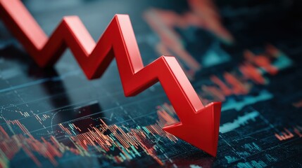 A red downward arrow over stock charts represents a decline in financial markets, indicating a market crash or economic downturn.