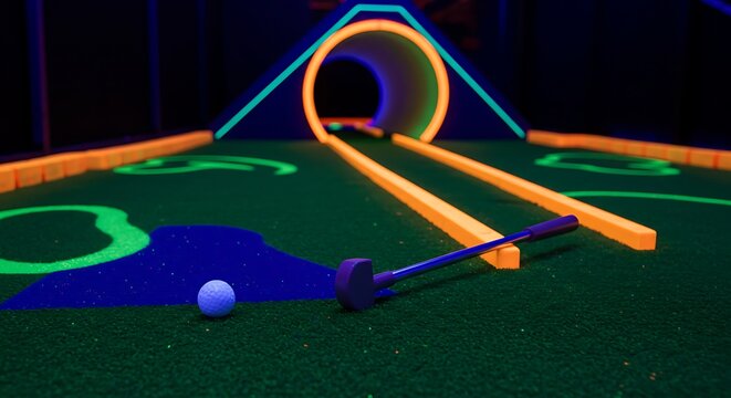 Playing Miniature Golf in a Glowing Fluorescent Blacklight Setting