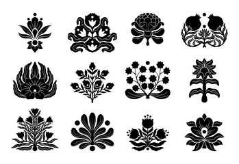 Indian boarder. Mughal motif. Flourish ornament. Palmette ethnic flowers. Traditional ancient mehndi. Arabesque embroidery. Abstract blooming plant. Vector black silhouette icons set