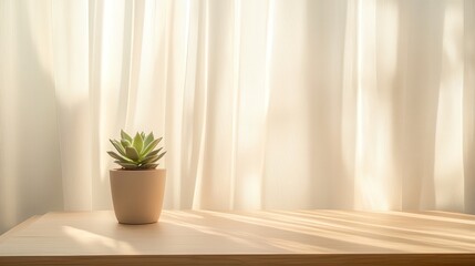 Indoor scene with succulent plant on wooden table by sunlit window