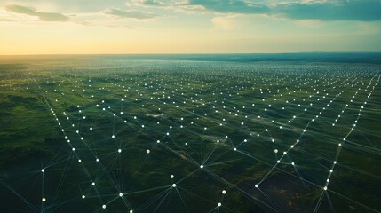 High-angle view of interconnected network over a vast green landscape.