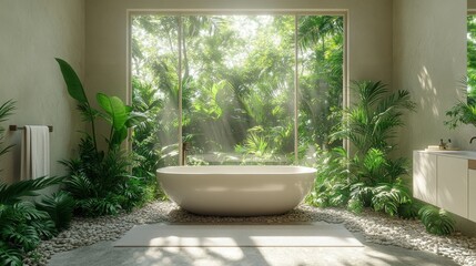 Fototapeta premium Tranquil bathroom with tropical views