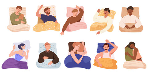People in bed. Man and woman sleeping, person rest and recreation. Morning characters top view, healthy dream, tired human couple asleep on pillow. Vector cartoon isolated illustration