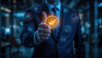 Confident Entrepreneur Giving Thumbs Up with Glowing Check Icons. Business Trust, Success and Quality Concept