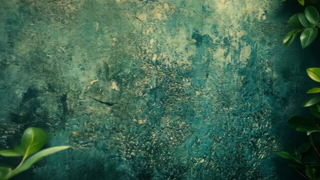 Green vines frame an aged, textured turquoise wall, creating a natural border