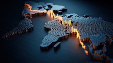 A digital 3D world map shows glowing data bars, symbolizing global financial or technological growth and connectivity.