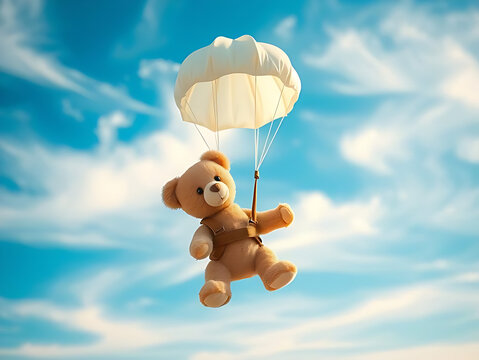 A teddy bear in a small white parachute gently floats in the fresh blue sky