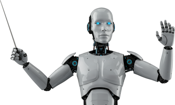 Advanced Robotic Conductor Leading Orchestra AI Technology Futuristic Music Director
