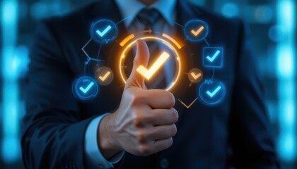 Businessman Giving Thumbs Up with Digital Checkmark Icons. Symbol of Trust, Approval, and Corporate Success in a Modern Digital World