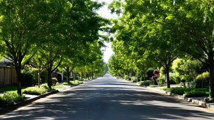 Obraz premium A residential street lined with lush green trees.