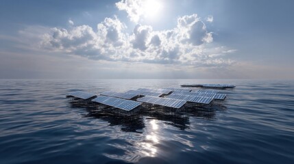 Floating solar panels generate renewable energy in a calm ocean under a bright sky