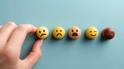 feedback survey response for statistics concept. Hand arranging colorful emoticon stones on a pastel background.