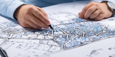 Urban planning process in action as a person marks key areas on a detailed city map