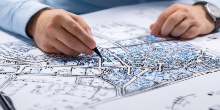 Urban planning process in action as a person marks key areas on a detailed city map