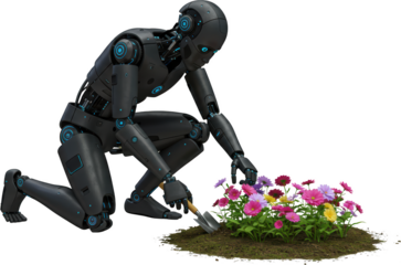 Futuristic Robot Gardener Tending Vibrant Flowers AI Technology in Horticulture