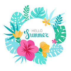 Beautiful floral wreath with Hello Summer text, with tropical leaves and vibrant flowers. Ideal for summer or beach themed designs