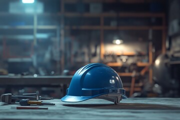 Safety helmet rests on a workbench in a workshop setting.