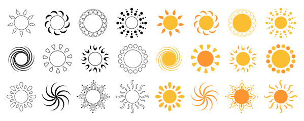 Set of unique sun illustrations in various styles, including geometric, dotted, and floral designs. Ideal for summer, beach, or nature themed projects